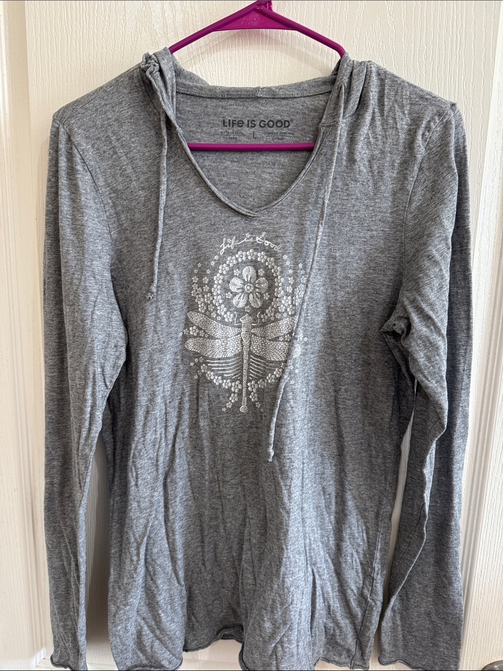 Life Is Good Gray Hooded Long-Sleeve Tee with Silver Dragonfly Graphic